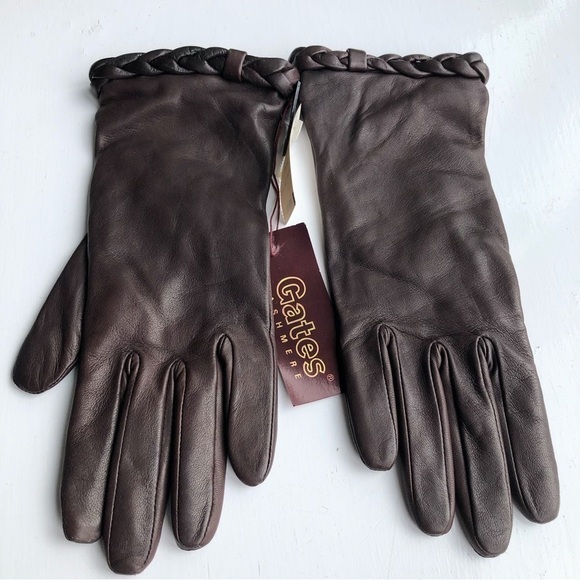 Nwt Vintage Brown Leather Cashmere Lined Braided detail Luxury Gloves 7 1/2 - Picture 1 of 14